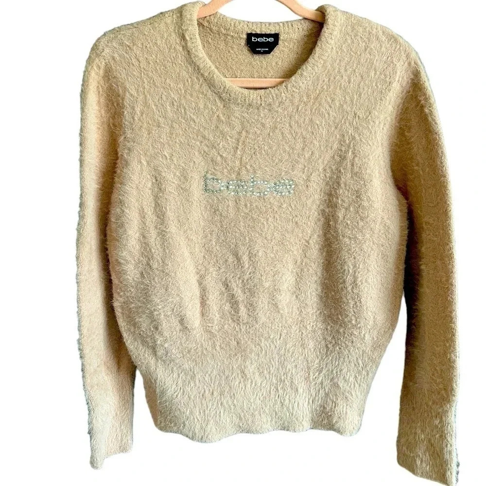 Bebe Women’s Blush Pink Fuzzy Rhinestone Logo Sweater Pullover Size XL